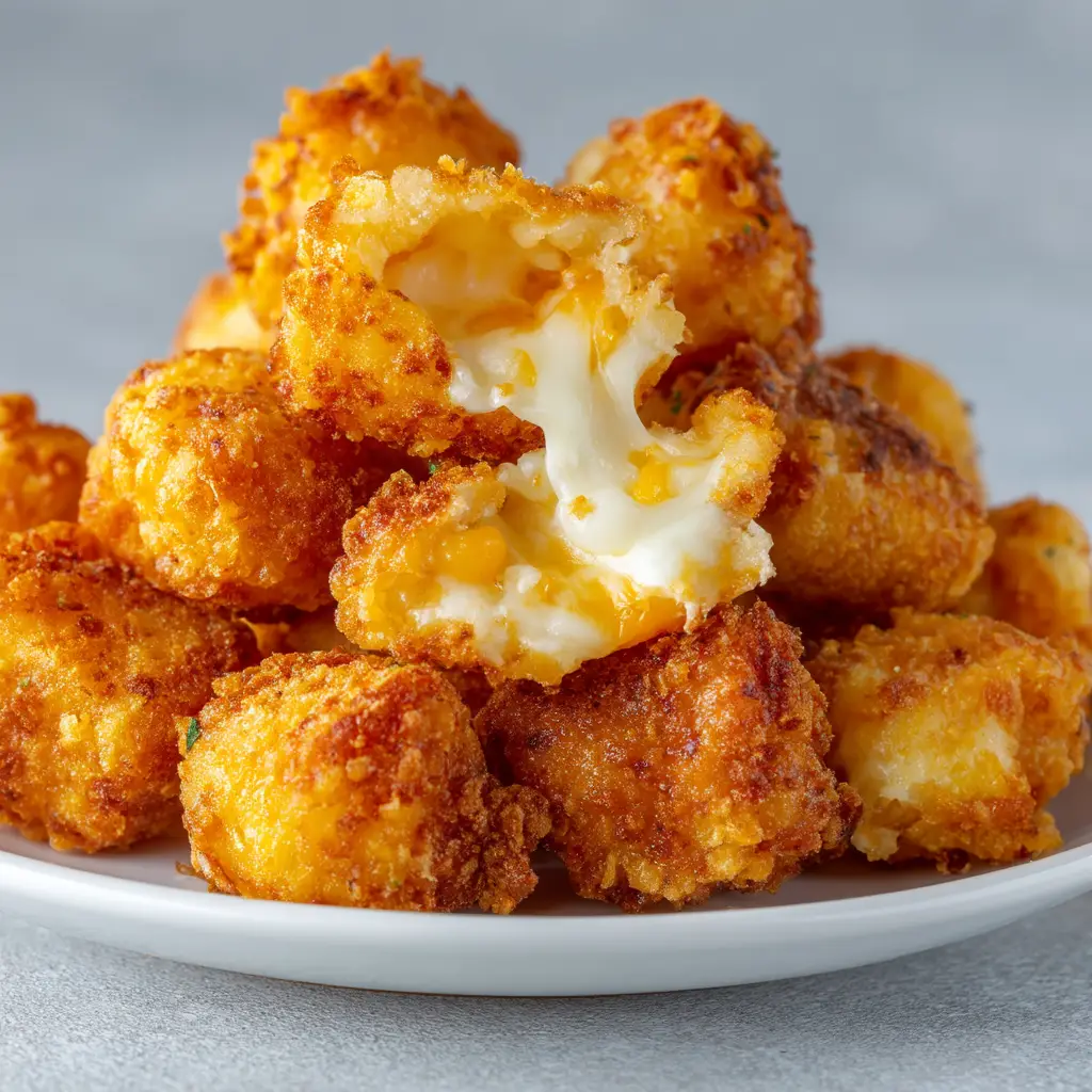 Crispy Cheese Curds Recipe for the Perfect Game Day Snack 1 A single fried cheese curd being pulled apart to reveal a gooey, melted cheese center.