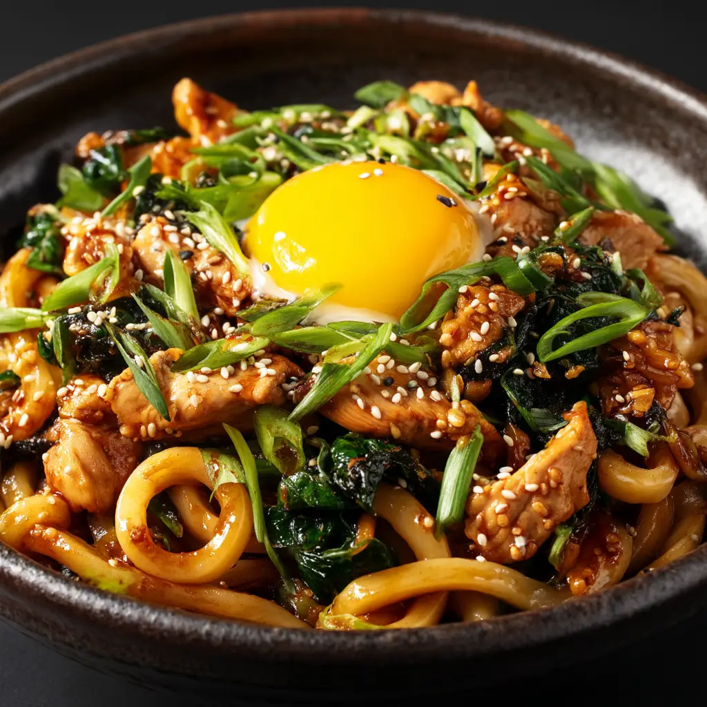 A detailed close-up of the ingredients for the yaki udon recipe, including fresh bok choy, mushrooms, and sliced chicken.