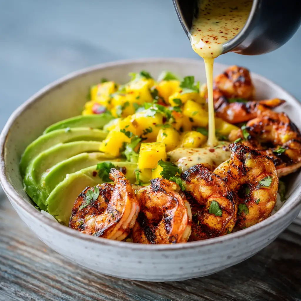 Shrimp and Avocado Bowl (Quick & Healthy Recipe) 1 A lifestyle shot of the assembled cilantro lime shrimp and avocado bowl, ready to be served, emphasizing its fresh and appetizing appearance.