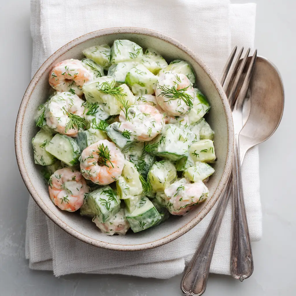 Cucumber Shrimp Salad (The Only Recipe You'll Ever Need) 1 A close-up shot of the cold shrimp salad, highlighting the texture of the crisp cucumbers and the creamy dill dressing.