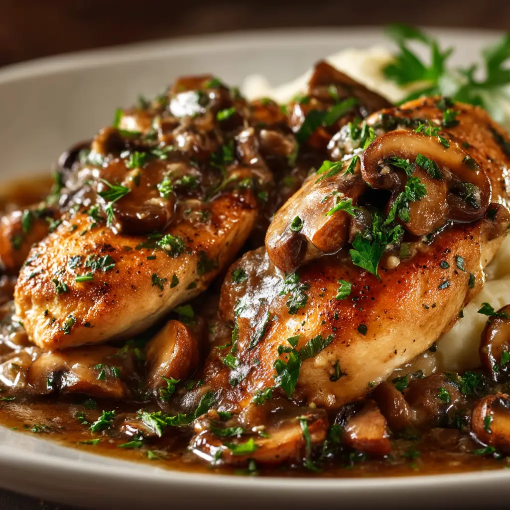 A close-up of sliced cremini mushrooms sautéing in a skillet, a key step for developing flavor in this easy chicken marsala recipe.