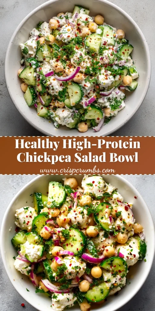 Cottage Cheese Chickpea Salad (The Ultimate Creamy Recipe) 3 A tall image of Cottage Cheese Chickpea Salad served in a bowl with text overlay for a Pinterest Pin. The salad is garnished with fresh dill.