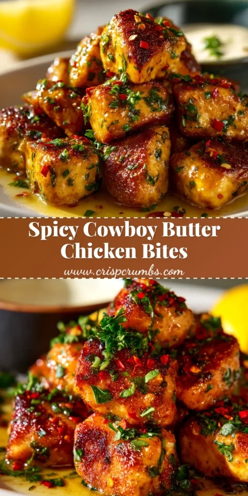 A skillet full of golden brown Cowboy Butter Chicken Bites, glistening in a vibrant sauce and garnished with fresh herbs. The perfect easy dinner recipe.