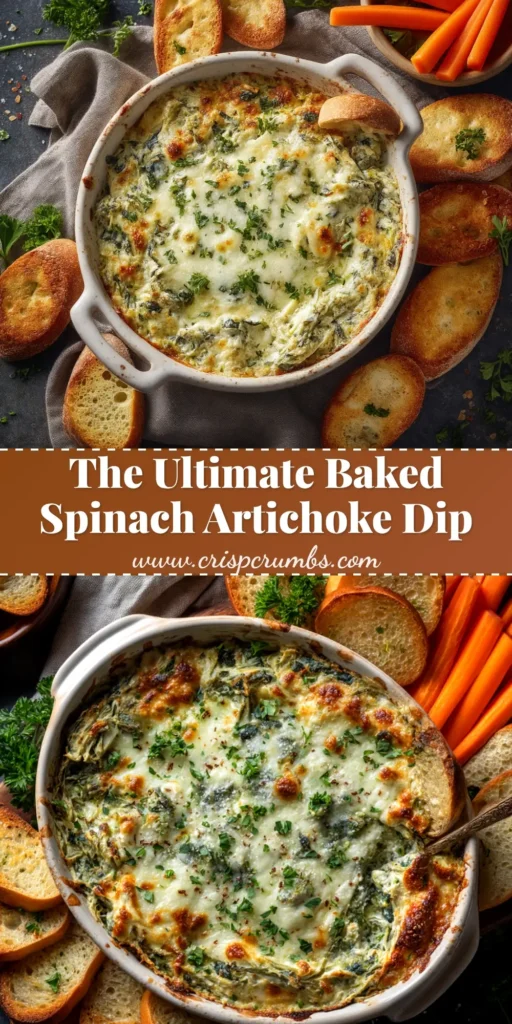 A close-up shot of creamy, baked spinach artichoke dip in a white bowl, served with toasted bread slices. The ultimate party appetizer.