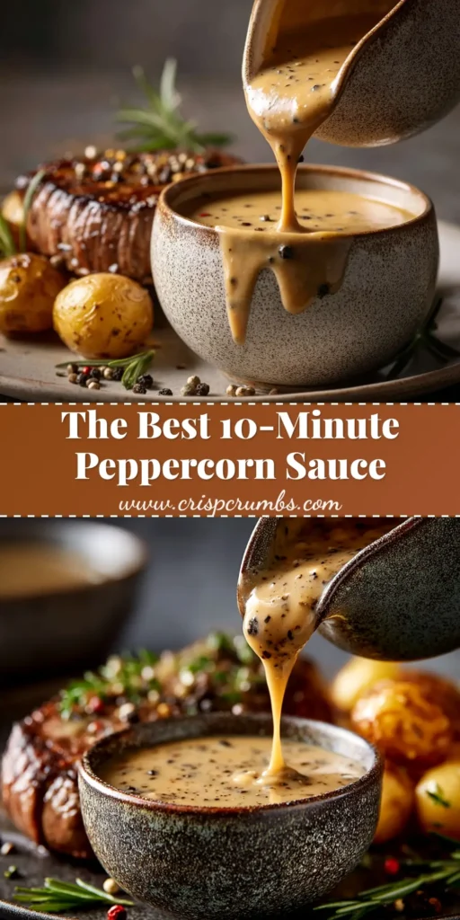 A rich and creamy peppercorn sauce being poured over a perfectly cooked steak, ready to be served. The perfect homemade peppercorn sauce recipe.