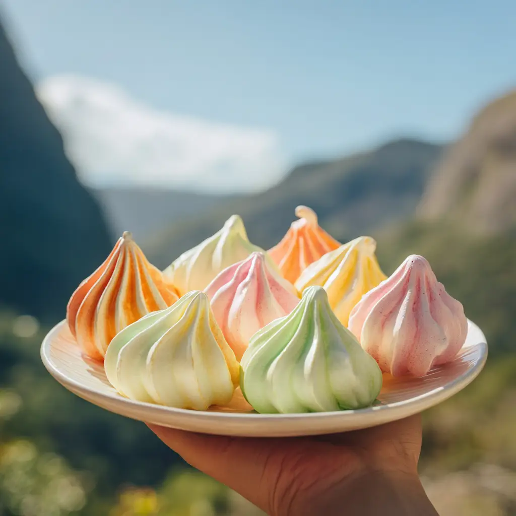 A pile of freshly baked Jello meringue cookies, showing their delicate, crisp texture. These easy meringue cookies are a perfect gluten-free dessert option.