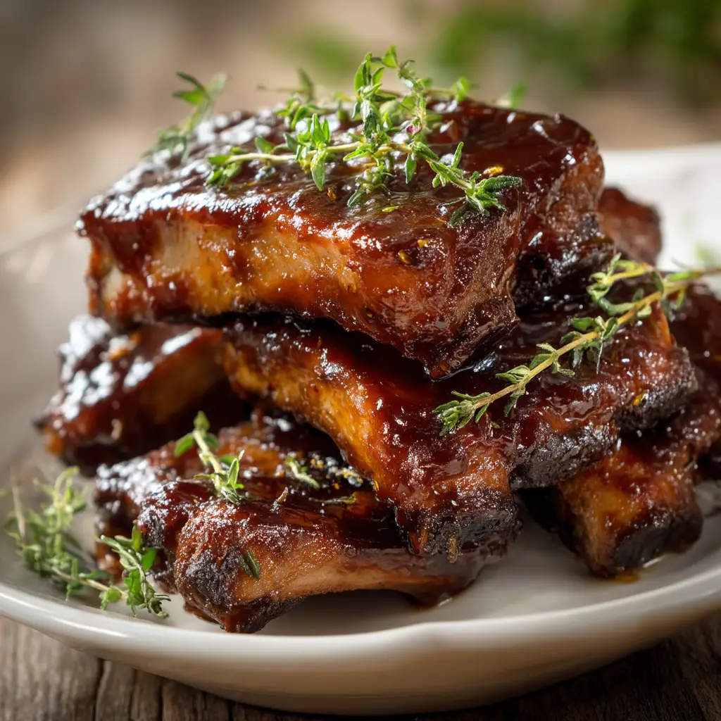 A platter of finished oven-baked country style ribs, showcasing the fall-off-the-bone texture with a fork pulling apart a piece of meat.
