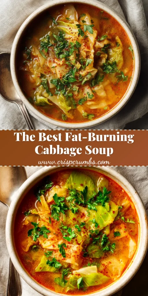 A vertical pin image showing a bowl of delicious fat-burning cabbage soup, ready to be shared on Pinterest.