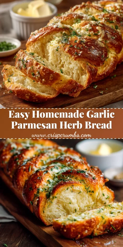 Garlic Parmesan Herb Bread: The Ultimate Recipe 4 A close-up shot of a perfectly baked Garlic Parmesan Herb Bread, sliced to reveal a soft, fluffy interior and a golden, cheesy crust.