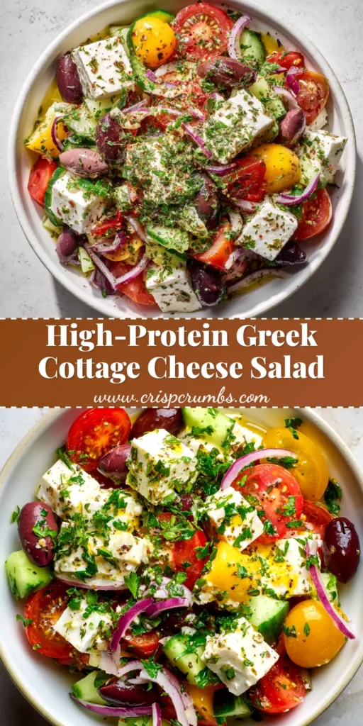 A vibrant overhead shot of a Greek Cottage Cheese Salad in a white bowl, showing fresh tomatoes, cucumbers, and olives mixed with creamy cottage cheese. Perfect for a healthy high-protein lunch.