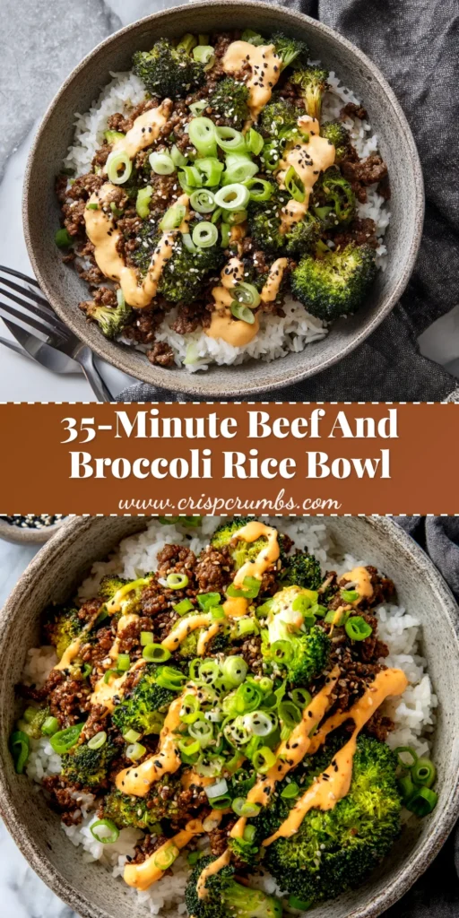 An overhead shot of a delicious Ground Beef and Broccoli Rice Bowl in a white bowl, garnished with sesame seeds. This quick 30-minute recipe is perfect for an easy weeknight dinner.