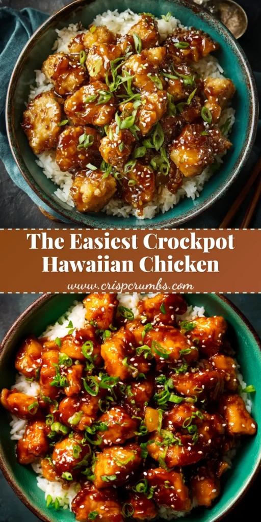 Hawaiian Crockpot Chicken (The Easiest, Juiciest Recipe!) 4 A close-up shot of shredded Hawaiian Crockpot Chicken in a white bowl, garnished with green onions. The perfect easy weeknight dinner recipe.