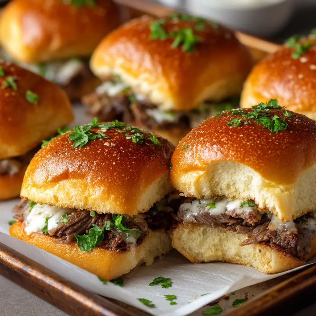 Philly Cheesesteak Sliders: The Ultimate Party Food 1 A full baking dish of baked Philly cheesesteak sliders ready to be served for a party or game day gathering.