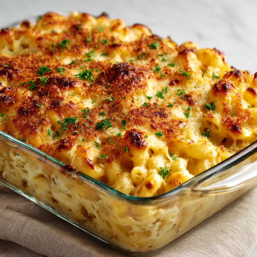John Legend's Baked Mac and Cheese: The Ultimate Creamy Recipe 1 A serving of homemade baked macaroni on a plate, showing the golden-brown cheesy topping and creamy interior.