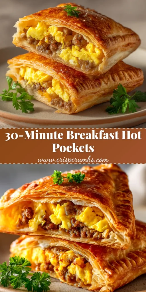 Homemade Breakfast Hot Pockets (The Easy Way) 4 A delicious stack of golden-brown Homemade Breakfast Hot Pockets, with one cut open to show the cheesy sausage and egg filling.