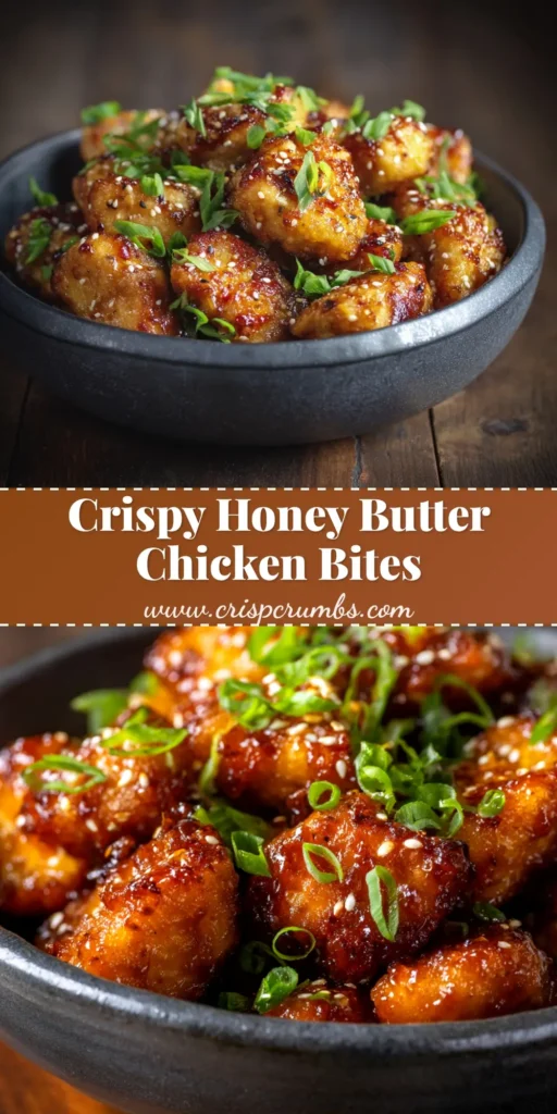 A top-down view of crispy Honey Butter Chicken Bites in a white bowl, garnished with fresh parsley. The chicken pieces are coated in a shiny, golden glaze.