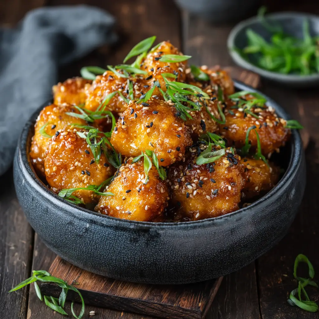 A serving of sweet and savory chicken bites on a plate with a side of fluffy white rice and steamed broccoli.
