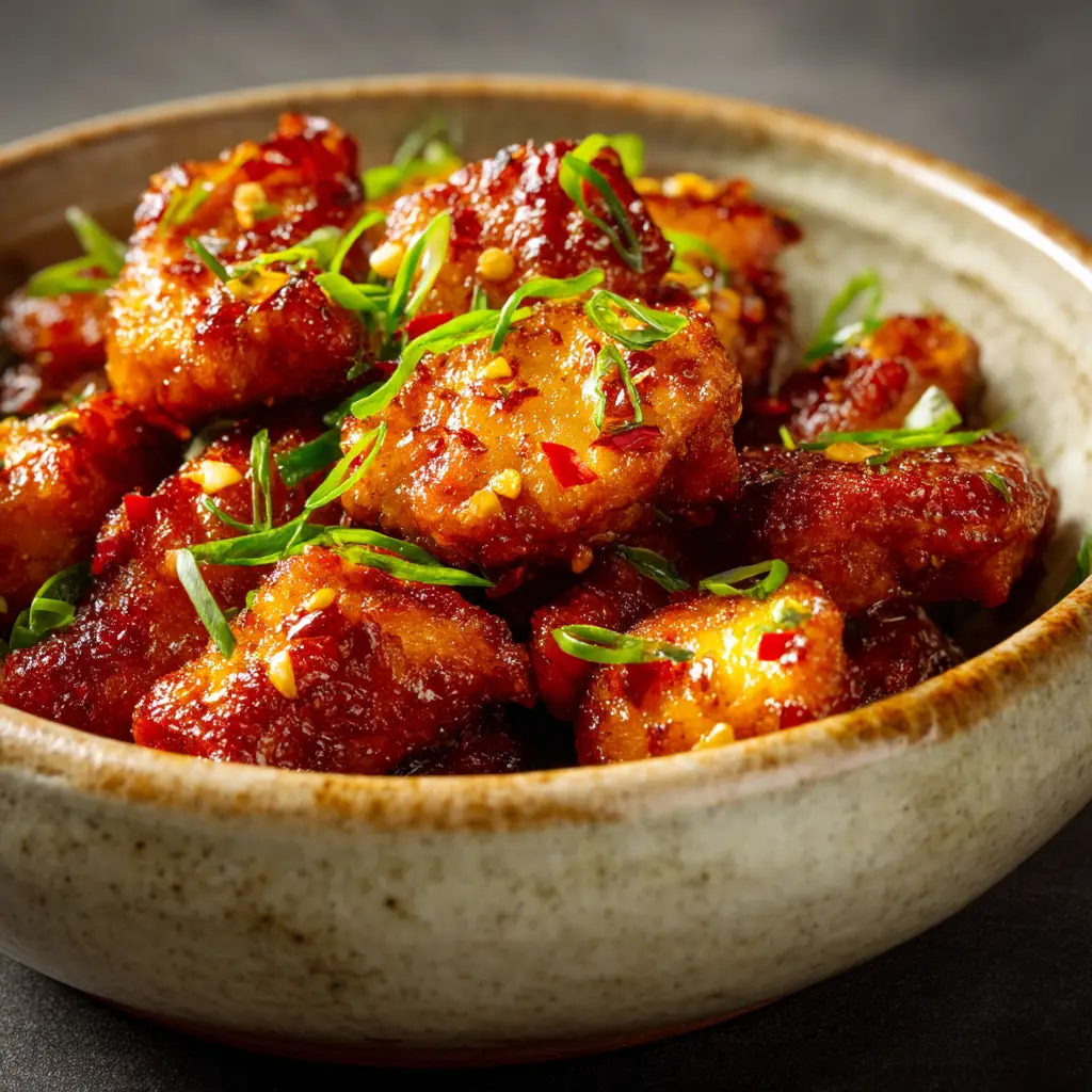 A bowl of Baked Hot Honey Chicken being tossed in a sweet and spicy glaze. The chicken is golden brown and glistening.