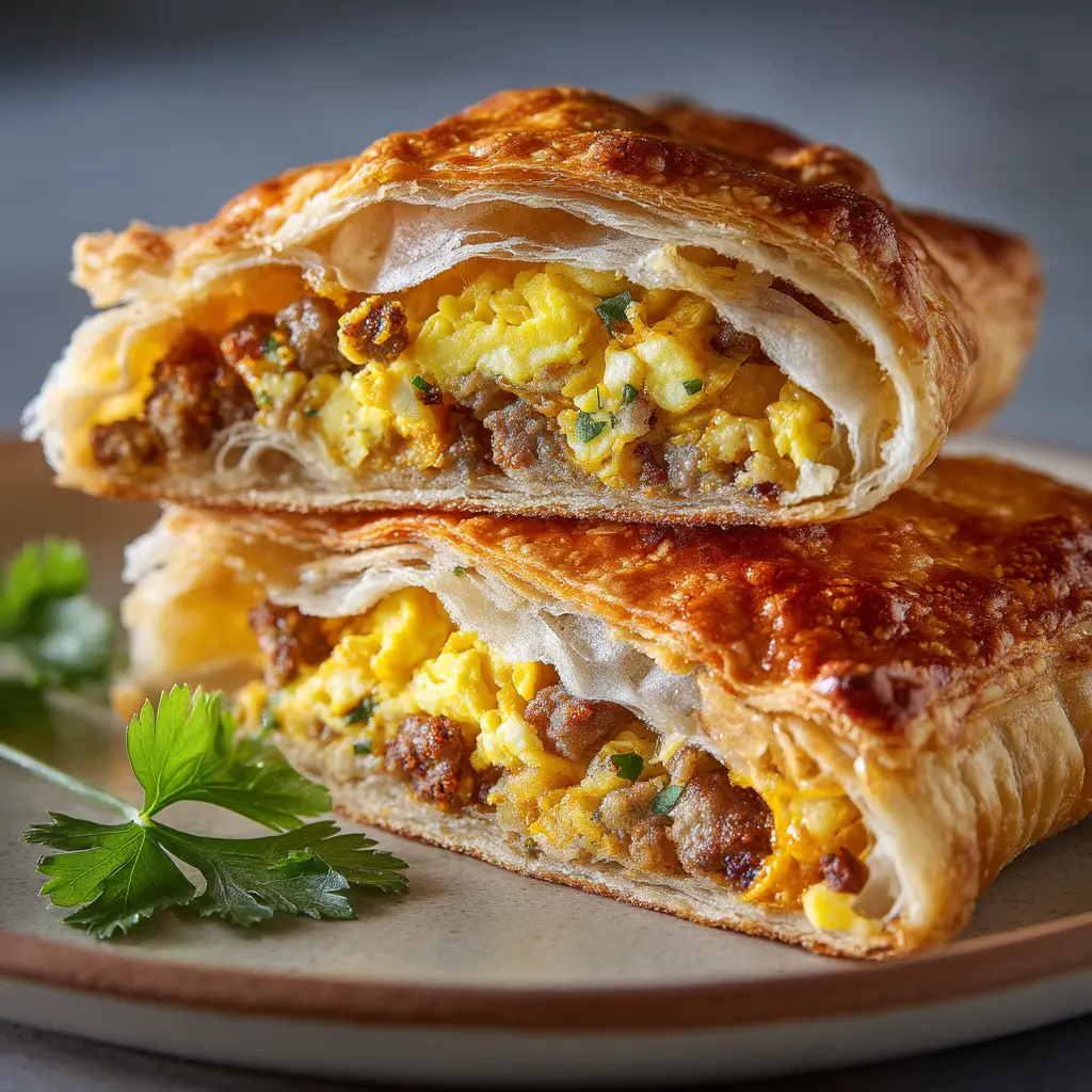 Homemade Breakfast Hot Pockets (The Easy Way) 1 The process of making DIY breakfast pockets, showing the dough being filled with the sausage, egg, and cheese mixture before sealing.