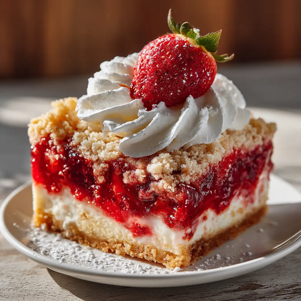 A 9x13 baking dish showing the strawberry cheesecake dump cake just before baking, with layers of pie filling, cream cheese, and dry cake mix visible.
