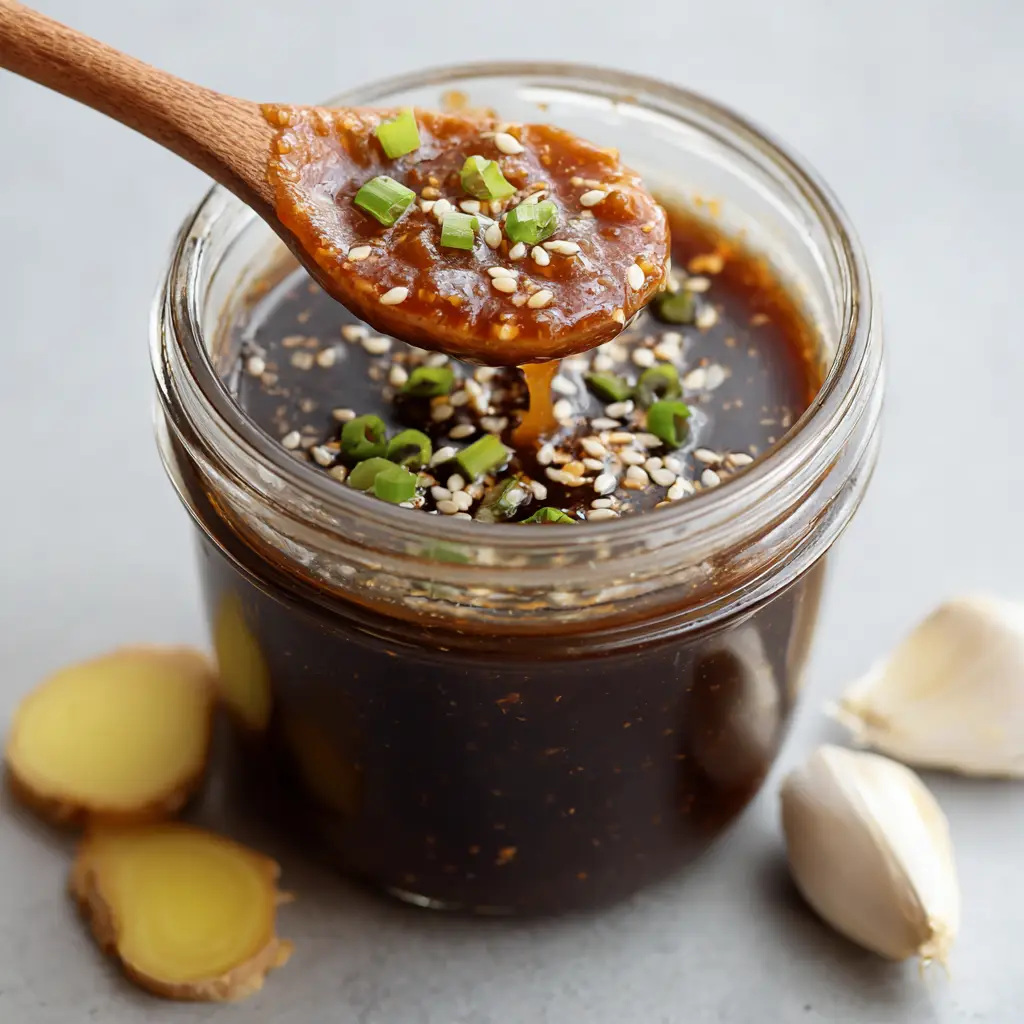 A small wooden spoon heavily coated in sticky, syrupy dark amber teriyaki glaze dipped inside a clear glass mason jar.