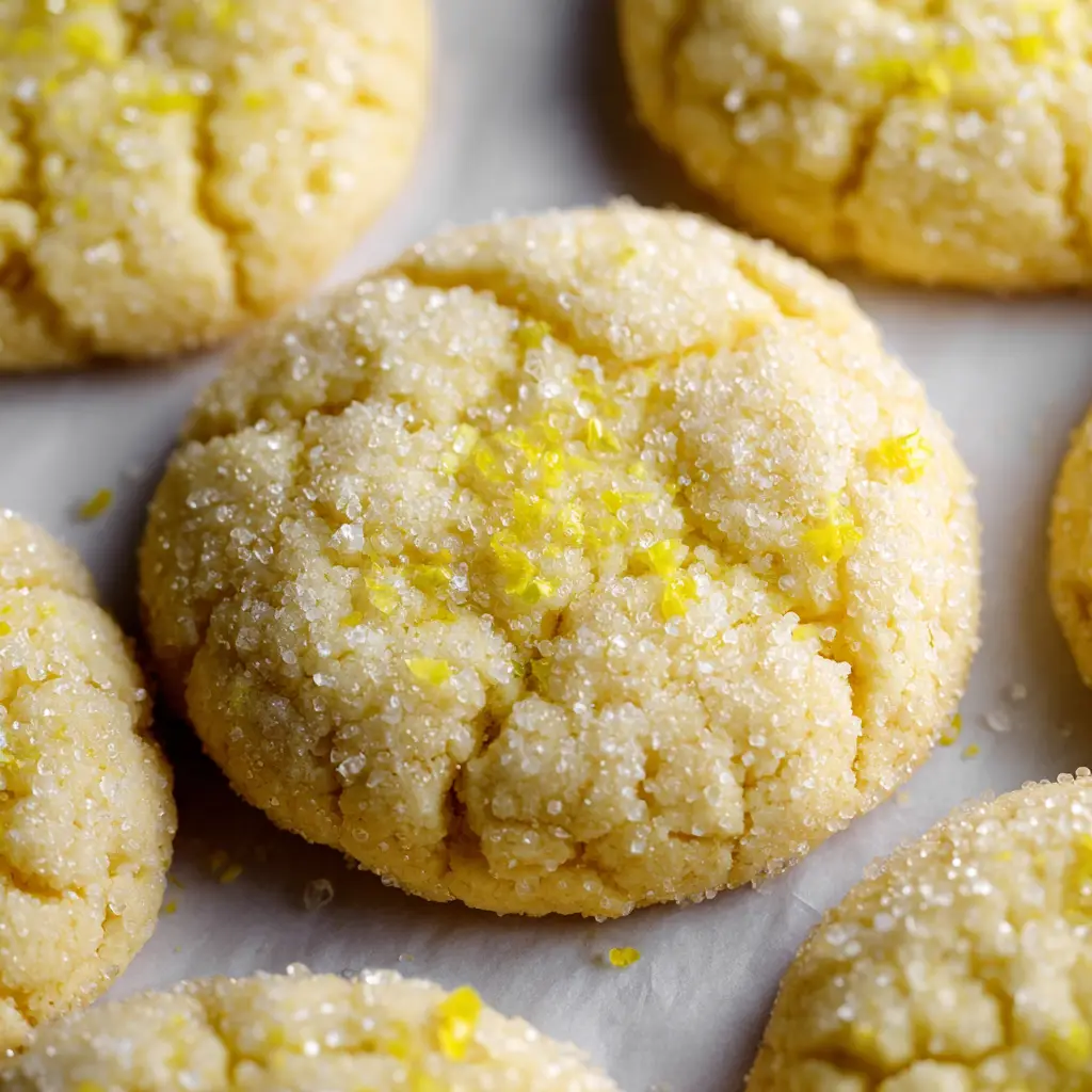 Close up of soft baked lemon sugar cookies with thick chewy centers, slightly crinkled tops, and bright yellow lemon zest flecks on matte white parchment paper.