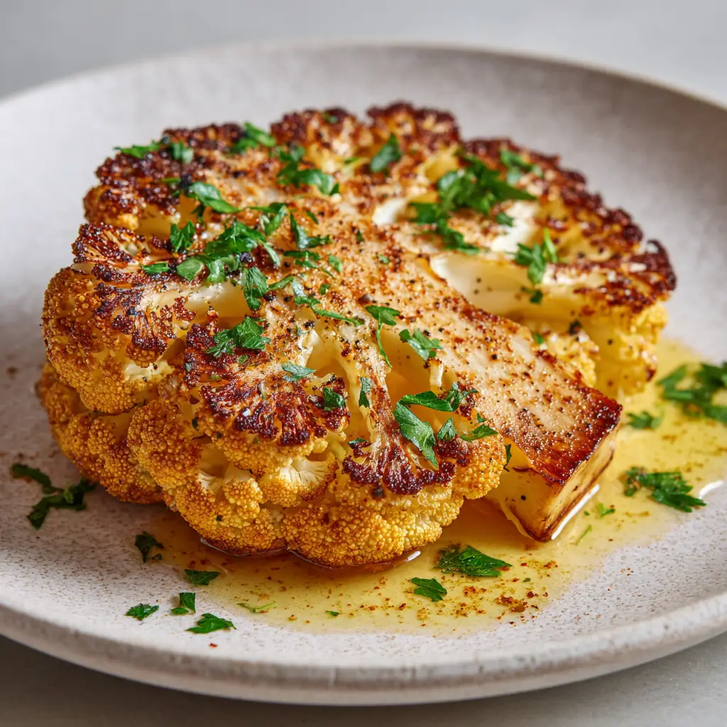 Golden-brown baked cauliflower steak resting on a textured off-white ceramic plate showing charred edges.