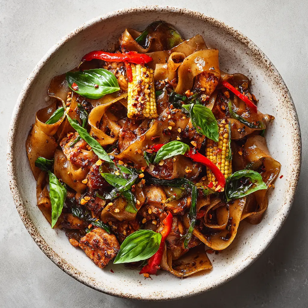 Authentic Thai Drunken Noodles (Pad Kee Mao) 1 Wok action shot tossing wide rice noodles in a glossy dark brown soy glaze with chicken, blistered baby corn, and julienned peppers.