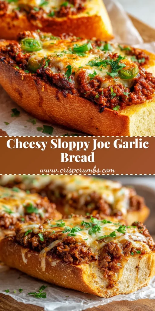 A halved crusty French baguette toasted with golden garlic butter, smothered in rich ground beef sloppy joe sauce, and completely topped with blistered melted mozzarella and sharp cheddar cheese, garnished with fresh parsley.
