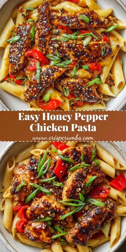 Better-Than-Takeout Honey Pepper Chicken Pasta 4 A close-up, overhead shot of honey pepper chicken pasta served in a rustic, shallow white ceramic bowl, garnished with diced red bell peppers and scallions.