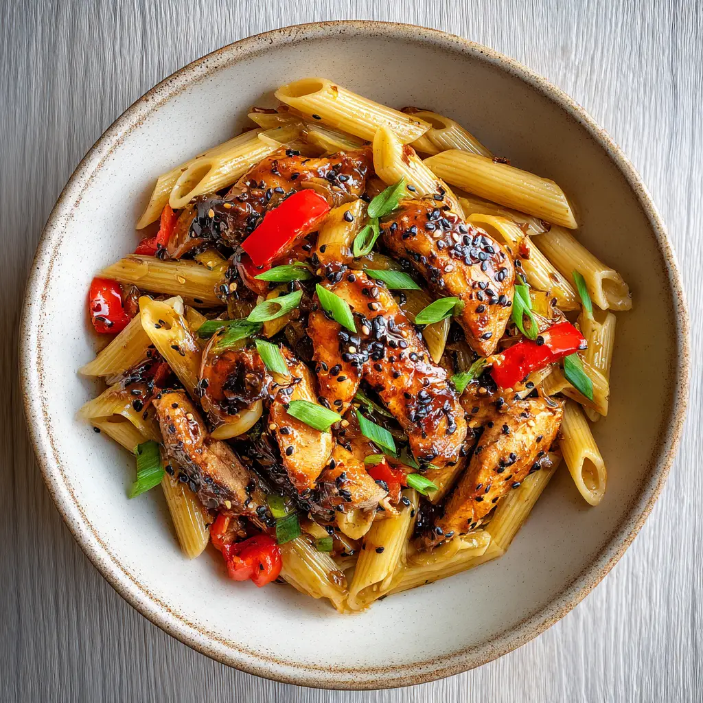 Better-Than-Takeout Honey Pepper Chicken Pasta 1 Overhead view of honey pepper chicken pasta resting on a simple, light gray wooden tabletop bathed in soft natural daylight.