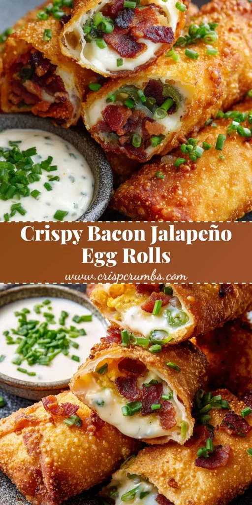 Crispy Bacon Jalapeno Popper Egg Rolls 4 A stack of crispy golden-brown Bacon Jalapeno Popper Egg Rolls sliced in half to show the melted white cream cheese, green jalapenos, and dark bacon crumbles.
