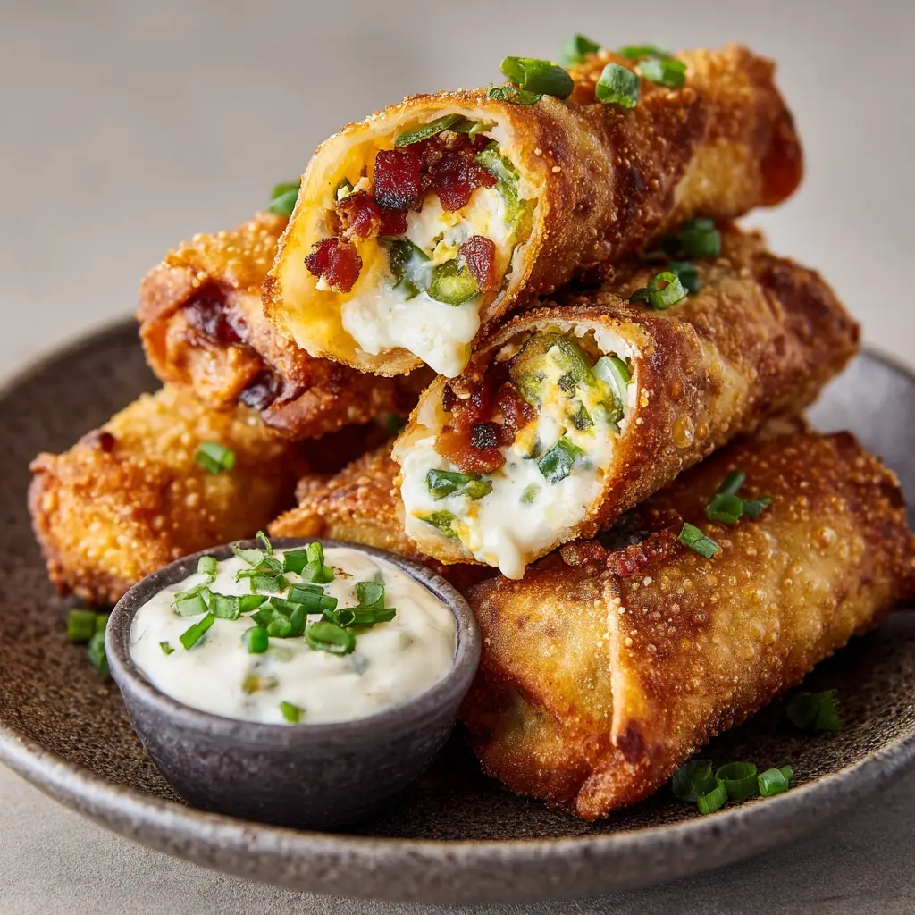 Crispy Bacon Jalapeno Popper Egg Rolls 1 Creamy white ranch dipping sauce garnished with finely chopped fresh green chives next to diagonally cut Bacon Jalapeno Popper Egg Rolls.