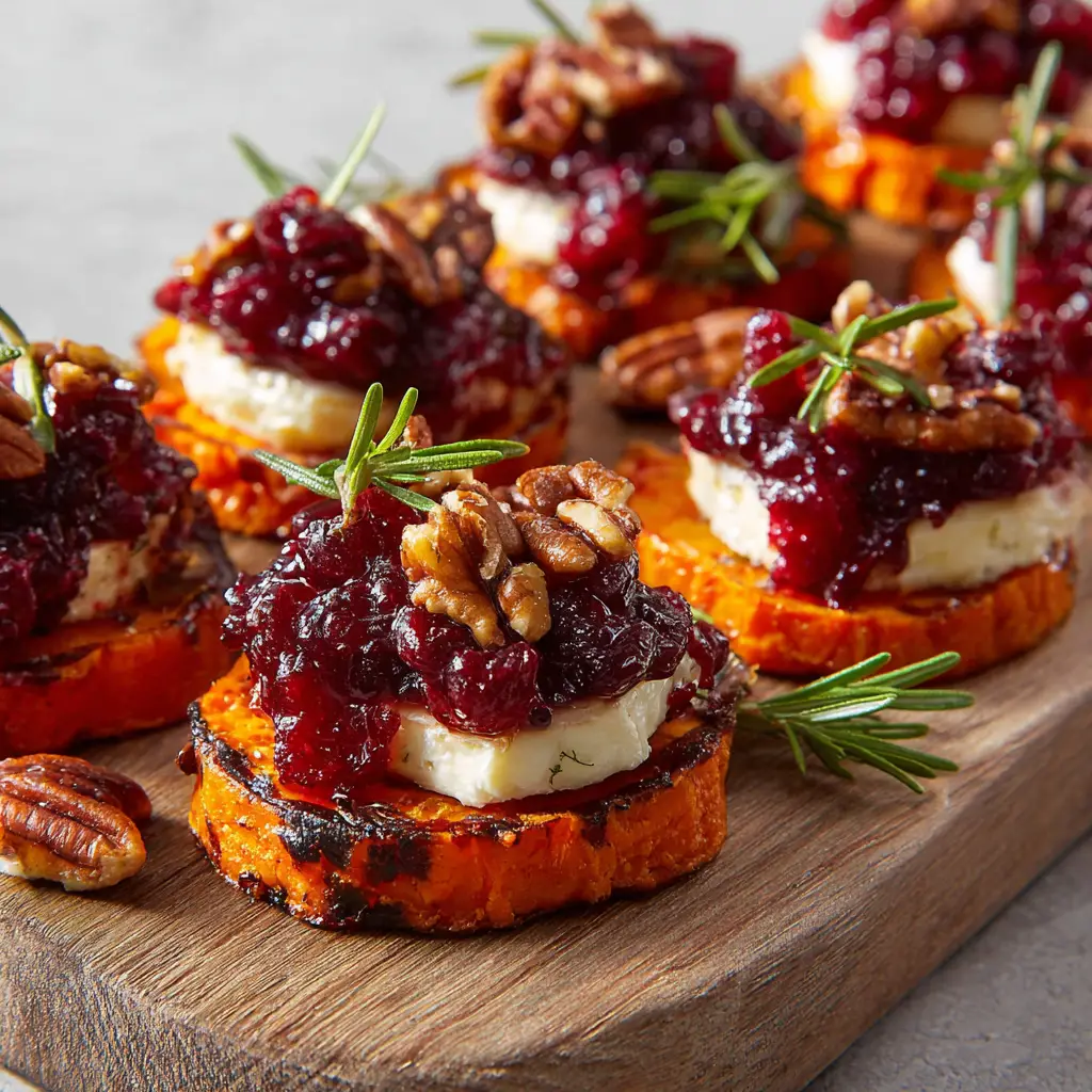 Melted off-white brie cheese topped with a glossy deep red cranberry sauce, toasted chopped brown pecans, and fresh green rosemary sprigs on sweet potato rounds.