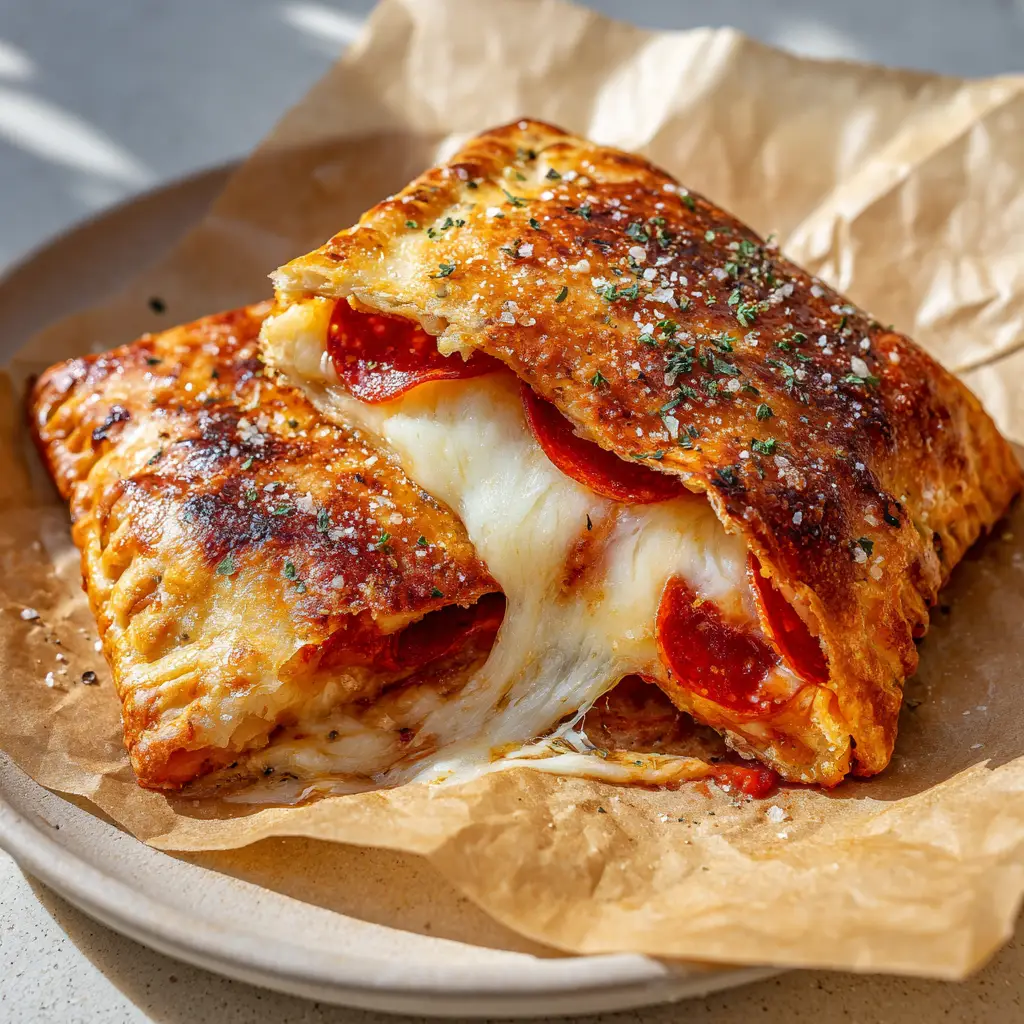 Freshly baked pizza pocket torn in half on a crinkled brown parchment paper over a neutral ceramic plate, showing an oozing cheese pull.