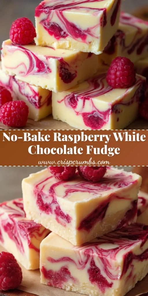 Decadent White Chocolate Raspberry Fudge 4 A close-up overhead shot of beautifully swirled White Chocolate Raspberry Fudge cut into squares and garnished with fresh raspberries.