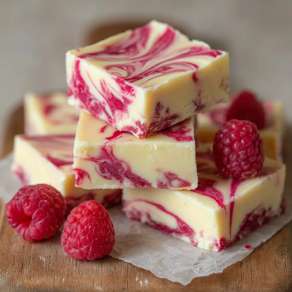 Decadent White Chocolate Raspberry Fudge 1 A close-up view of a slice of White Chocolate Raspberry Fudge on a wooden board, garnished with a fresh raspberry, highlighting the vivid pink and opaque white swirls.