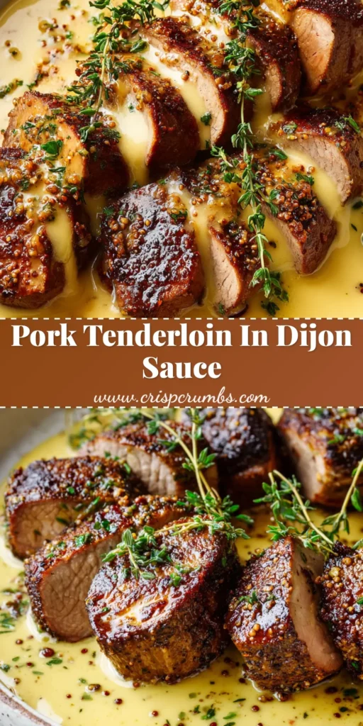 Ultimate Pan-Seared Pork Tenderloin with Dijon Cream Sauce 4 An overhead shot of sliced pan-seared pork tenderloin covered in a creamy Dijon sauce on a rustic plate, ready to be eaten. (Pork Tenderloin Recipes)