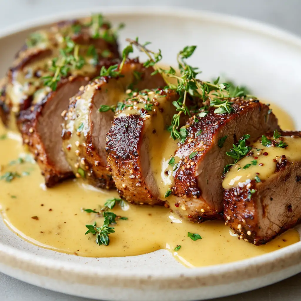 Ultimate Pan-Seared Pork Tenderloin with Dijon Cream Sauce 1 A rustic white ceramic plate holding sliced pork tenderloin, heavily drizzled with a pale-yellow creamy Dijon sauce and garnished with fresh parsley.