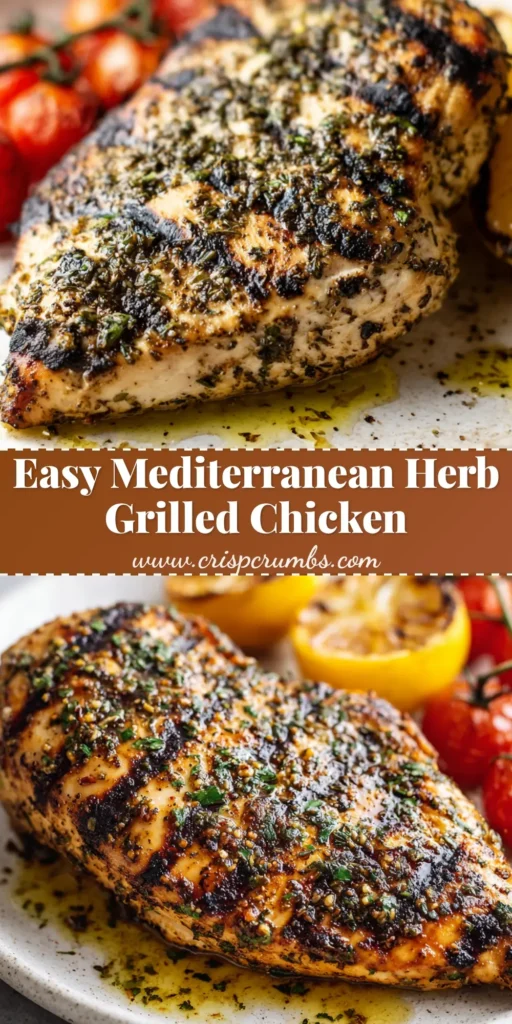A close-up of a perfectly cooked Mediterranean Grilled Chicken breast on a white plate, showing deep char marks and a vibrant green herb crust, served with charred lemons and blistered tomatoes.
