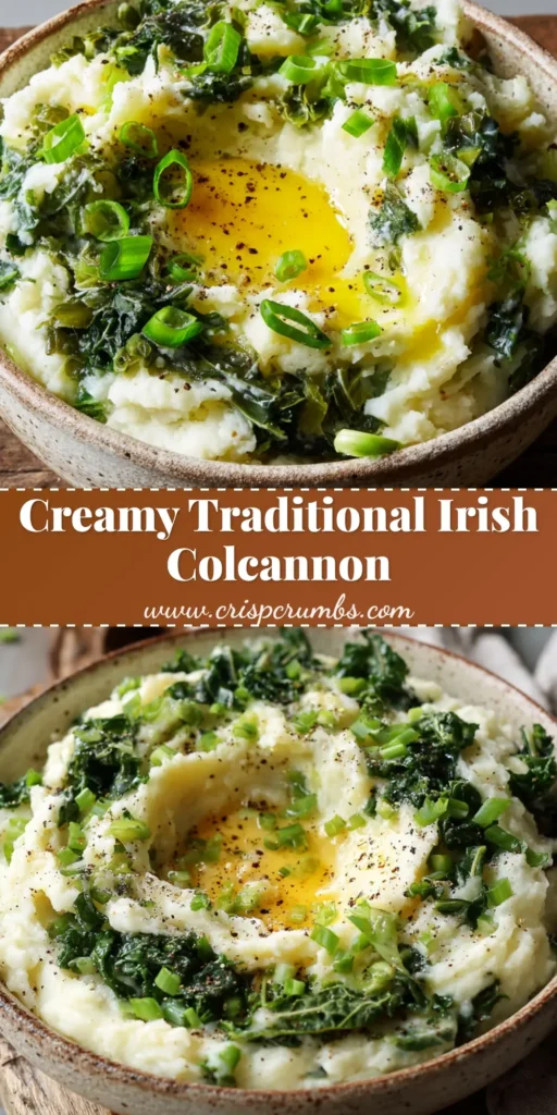 A shareable pin image for an authentic Irish Colcannon Recipe, showing a rustic bowl of creamy mashed potatoes with kale, cabbage, and a pool of melted butter. (Irish Colcannon Recipe)