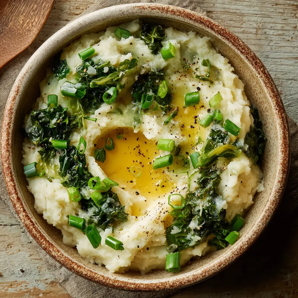 An overhead shot of a rustic bowl of Irish Colcannon, showing the mixture of mashed potatoes, wilted kale, and cabbage before serving. (Irish Colcannon Recipe)
