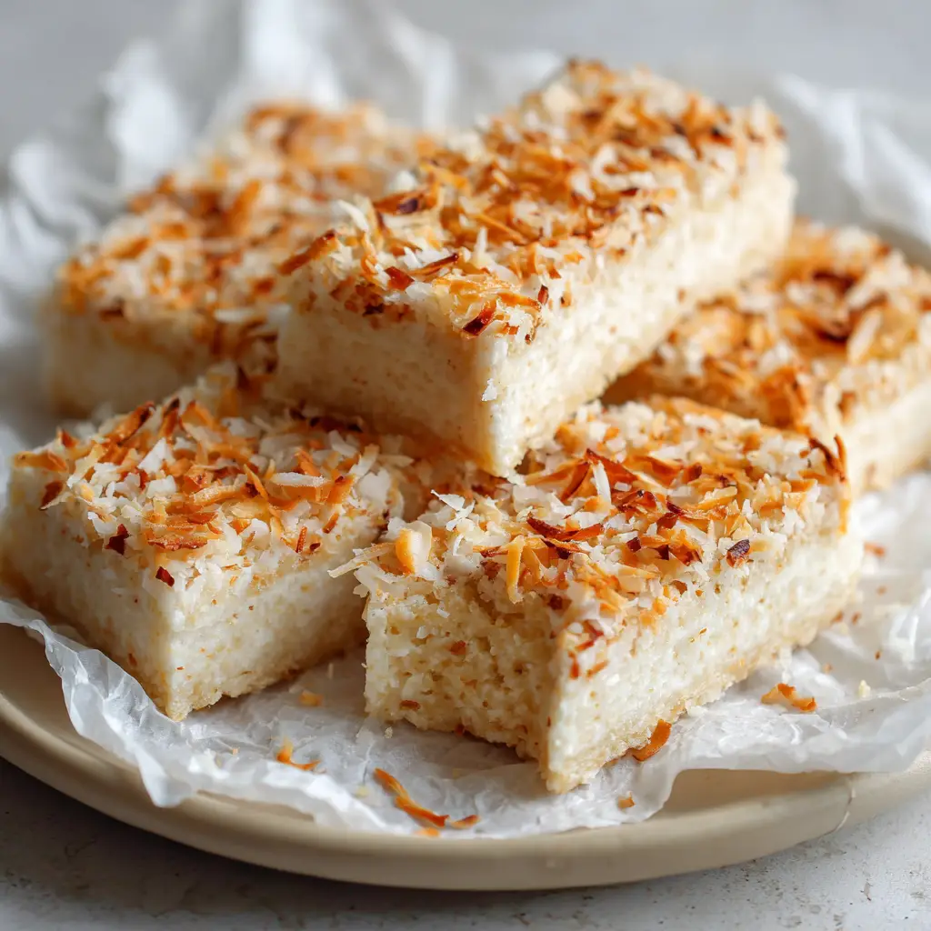 A bitten vanilla coconut protein bar revealing a soft, chewy, nougat-like interior on a beige ceramic plate.