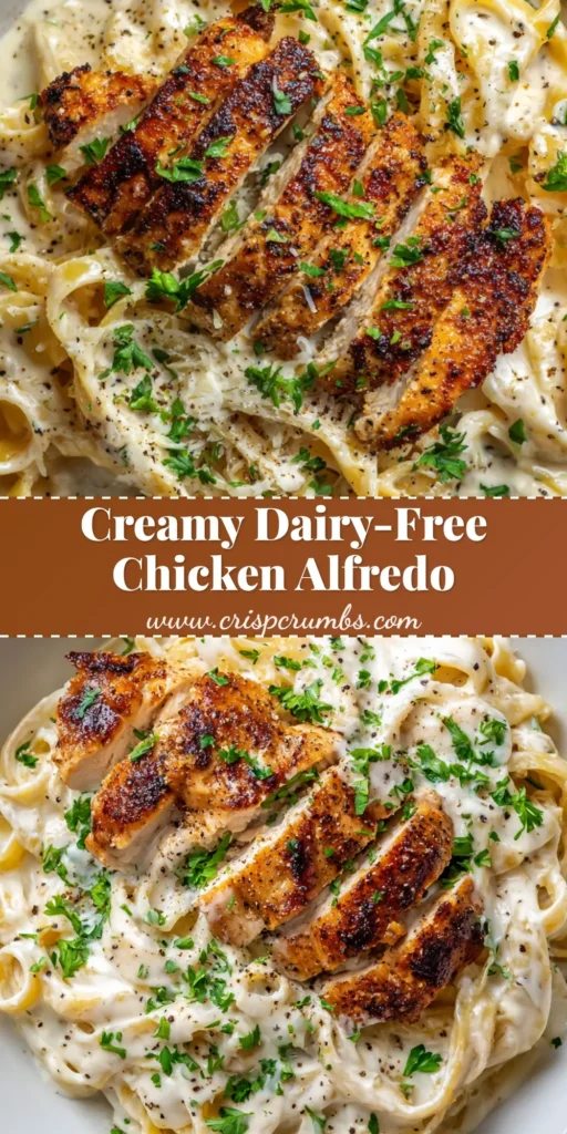 Creamy Dairy-Free Chicken Alfredo (Easy & Delicious) 3 An overhead close-up of a bowl of creamy Dairy-Free Chicken Alfredo, topped with sliced golden-brown chicken breast, fresh parsley, and cracked black pepper.