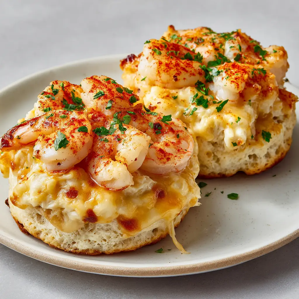 A handheld smartphone photo showing the rich texture of the Shrimp and Crab Biscuit Melts, with a focus on the bubbly melted cheese layer and the charred edges of the shrimp.