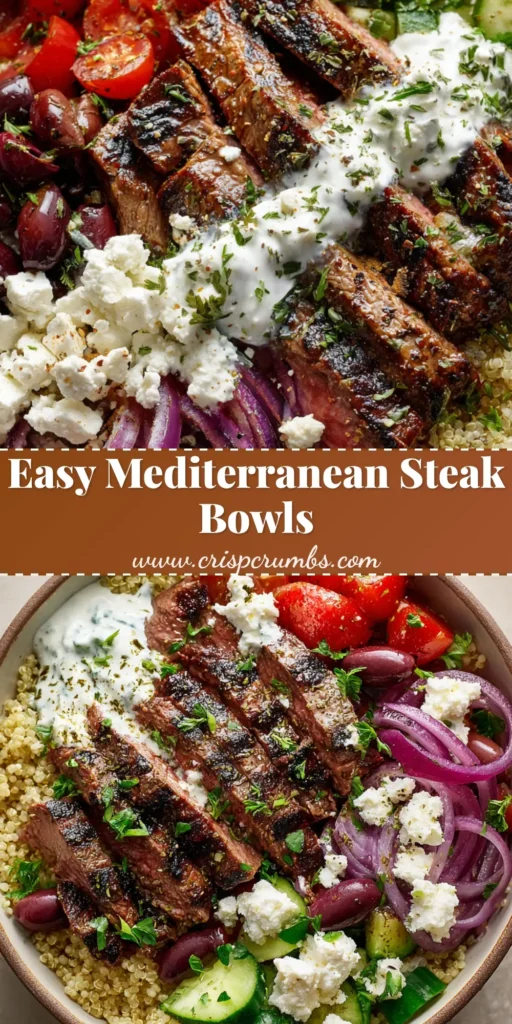 A close-up, overhead shot of a Mediterranean steak bowl featuring fluffy quinoa, medium-rare grilled steak slices, cherry tomatoes, cucumbers, red onions, kalamata olives, and crumbled feta cheese with tzatziki drizzle.