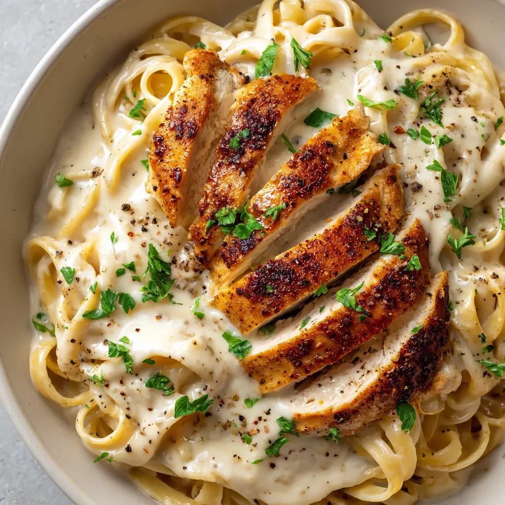 Creamy Dairy-Free Chicken Alfredo (Easy & Delicious) 1 A close-up detail shot of the glossy, thick sauce coating the fettuccine in the Dairy-Free Chicken Alfredo recipe.