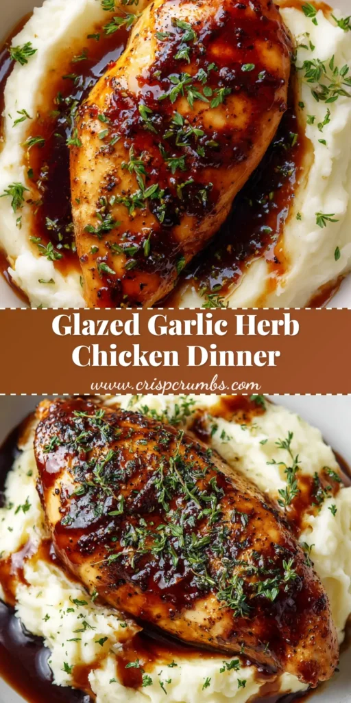 An overhead shot of Glazed Garlic Herb Chicken served on a bed of creamy mashed potatoes, garnished with fresh parsley and thyme on a white plate.