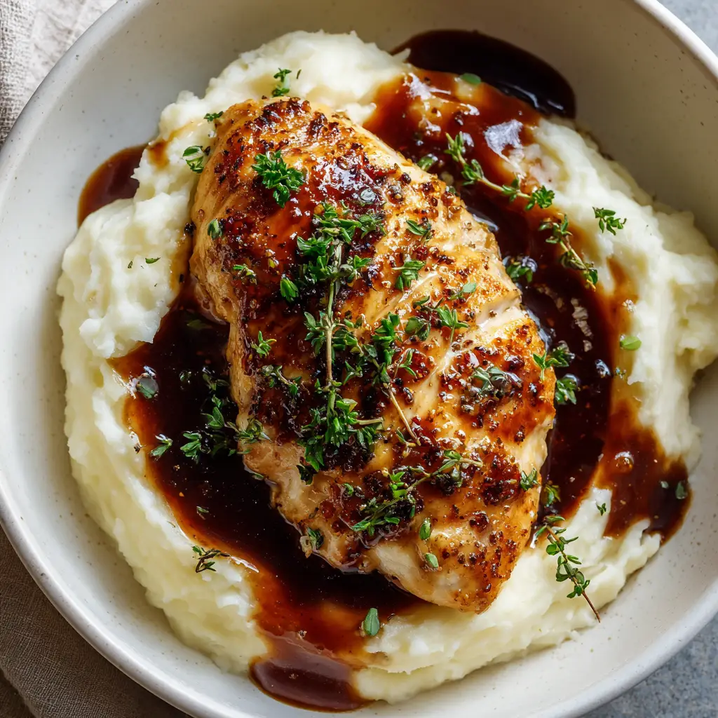 A plated dish of Glazed Garlic Herb Chicken showing the rich, amber pan sauce drizzled over the top.
