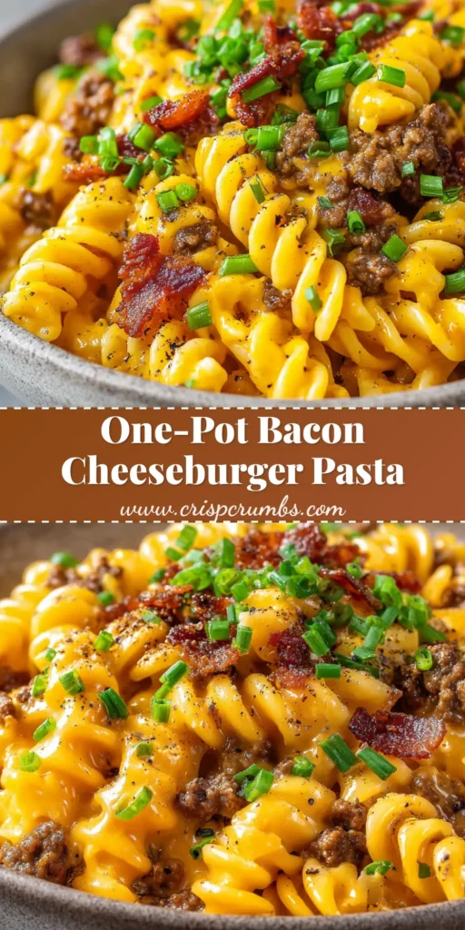 A close-up pin image of a bowl of Bacon Cheeseburger Pasta, showcasing the creamy cheese sauce, ground beef, crispy bacon, and fresh green onions.